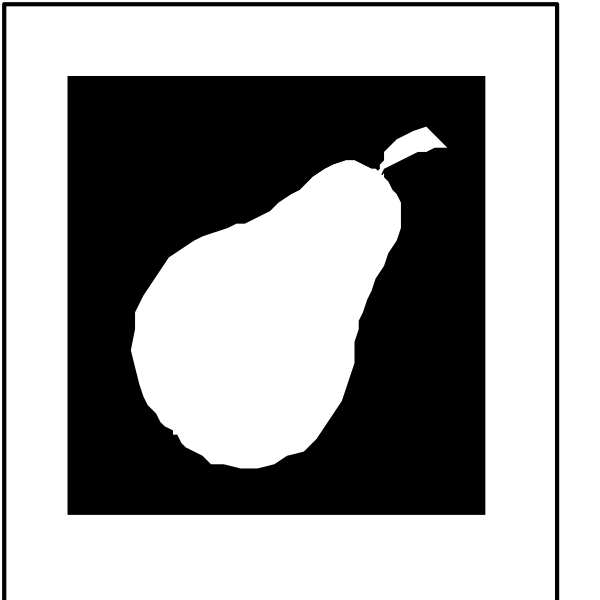 The image shows a black silhouette of an apple with a bite taken out on its right side next to another symbol that appears to be a pear in white color against a dark background.