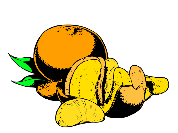 The image shows a cartoon of an orange with leaves on top next to two sandwiches that appear to be filled with fruit slices; there is no text present in this clip-art illustration.