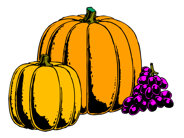The illustration shows three pumpkins of different sizes with a purple fruit to their right on what appears to be an autumnal background.