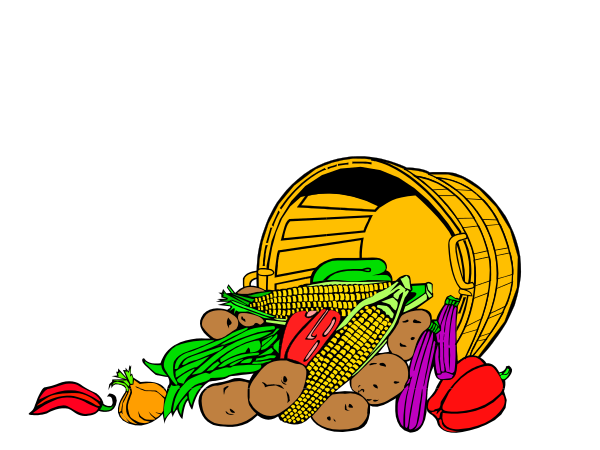 The image shows a black basket filled with various vegetables such as carrots, corn on cob, potatoes, broccoli, cauliflower, peas, beans, tomatoes, lettuce, radishes and other root crops next to it is an illustration of fresh produce including apples.