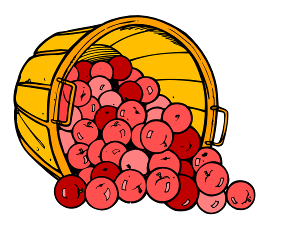 The cartoon depicts a yellow bucket filled with red apples next to it is an illustration of cherries on top of each other in front of the basket.