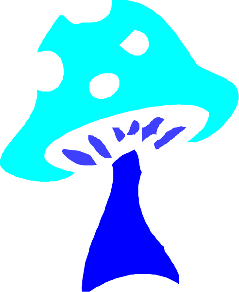 The image shows a cartoon mushroom with blue coloring on its cap and stem against a black background.
