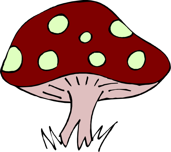 The image shows a cartoon mushroom with red cap and white spots on it against black background.