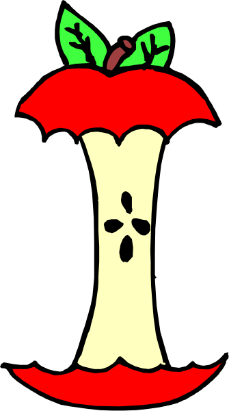 The image shows a cartoon apple with teeth on its side against a black background.