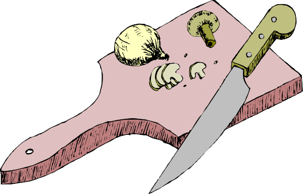 The black and white illustration shows a cutting board with various food items on it: an apple slice, two whole garlic cloves, one cut in half, three mushrooms of different sizes, and some herbs that appear to be parsley leaves. There is also a knife resting atop the ingredients.