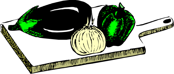 The black and white illustration shows a table with various food items on it including garlic bulbs, an apple, broccoli florets, and what appears to be cheese slices.