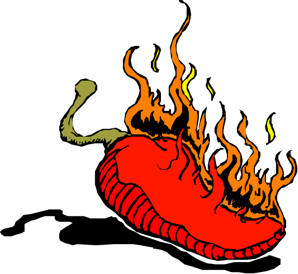The image shows a cartoon depiction of an open red pepper with flames coming out from it against a black background.