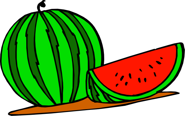The image shows a cartoon depiction of two watermelons with slices missing on either side, placed next to each other against a black background; there is no text present in this clip-art illustration.