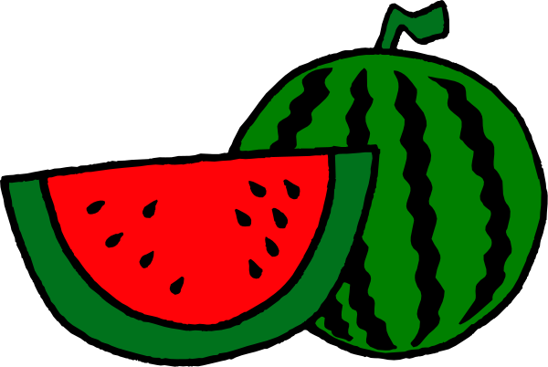 The image shows a cartoon depiction of watermelon slices with seeds on top next to an apple slice that has been cut in half horizontally; there is also a whole green melon behind them, and above all these fruits, there's a red fruit resembling a strawberry.