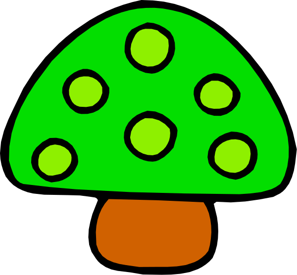 The image shows a simple cartoon of an upside down mushroom with green dots on it against a black background.