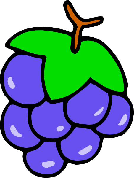 The image shows a cartoon grape bunch with green leaves attached to it against a black background.