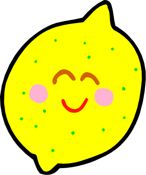 The image shows a cartoon lemon with eyes closed, smiling broadly at something offscreen.