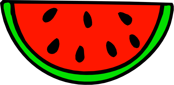 The image shows a watermelon slice with two halves of it on either side, each half containing seeds inside them against an orange background.