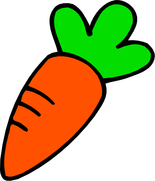The image shows a simple line drawing of an orange carrot with two green leaves on top against a black background.