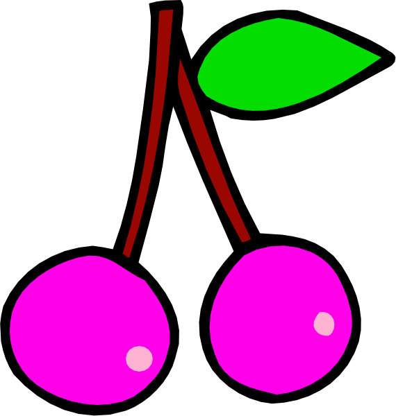 The image shows a simple illustration of two cherries with green stems connected by red lines to form an arch over them on one side, accompanied by three leaves in shades of pink and purple at different positions around it.