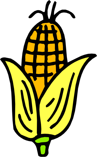 The image shows a cartoon of an ear of corn with leaves on top against a black background.