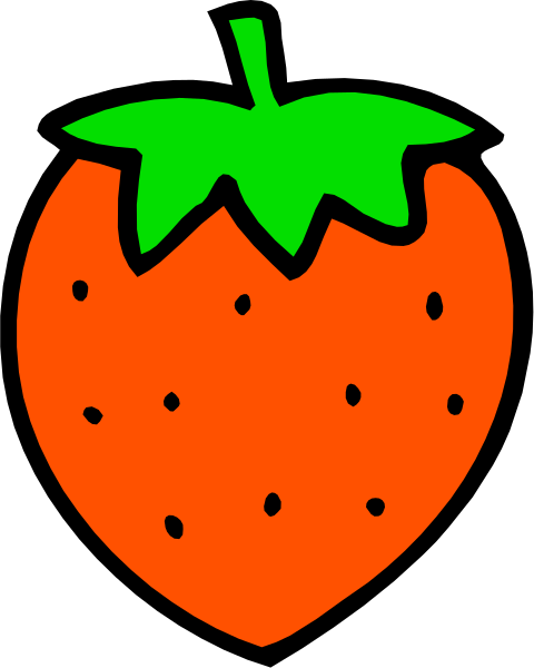 The image shows a cartoon strawberry with green leaves on top against an orange background.