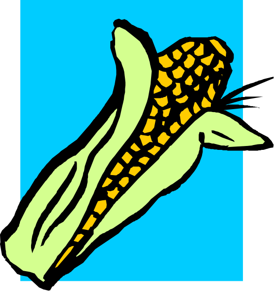The image shows a cartoon of an ear of corn with cob on top next to another piece that is split open revealing kernels inside.