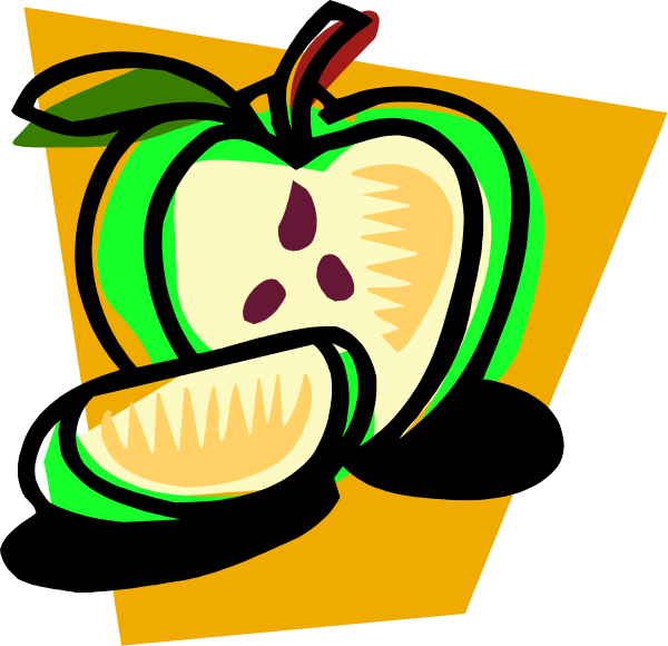 The image shows a cartoon of an apple with two slices missing on its right side next to another whole fruit that appears similar but is actually half of an orange cut in such a way as to resemble an eye, set against a yellow background within what looks like a stylized speech bubble.