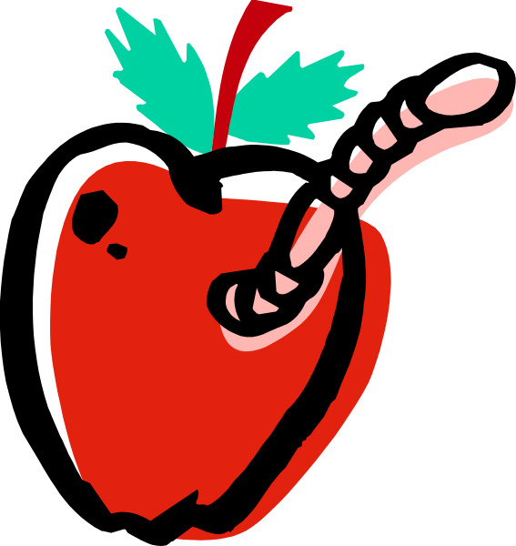 The image shows a cartoon apple with an illustration of its stem on top right corner, featuring leaves atop it in green coloring.