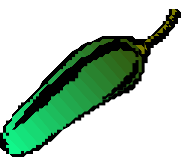 The image shows a green chili pepper with an eye on it next to what appears to be a jalapeno slice in front of them both against a black background.
