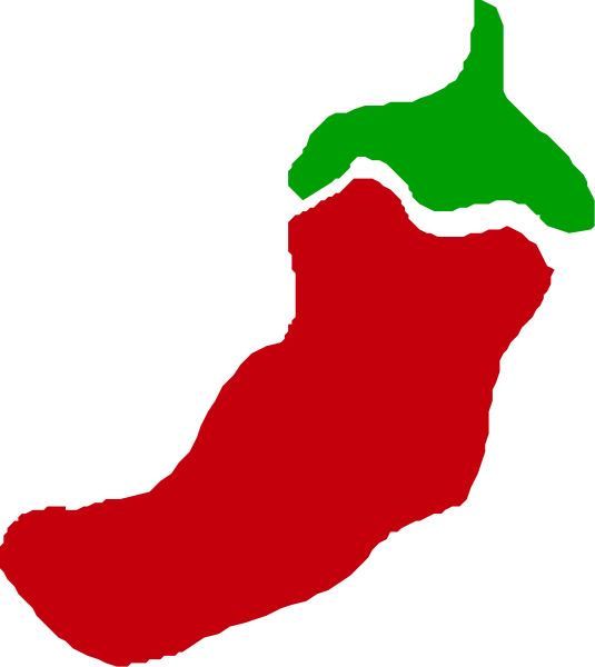 The image shows a stylized graphic of an open red chili pepper with green stem on top against a black background.