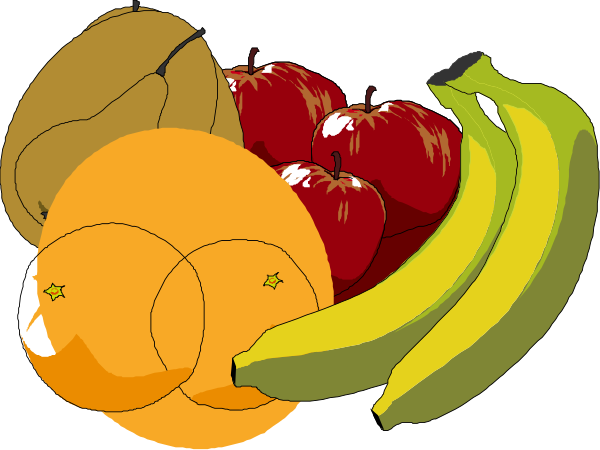 The image shows a variety of fruits including bananas, apples, an orange slice with stars around it, and two halves of a pineapple on what appears to be a dark background; there is no text present in this clip-art illustration.