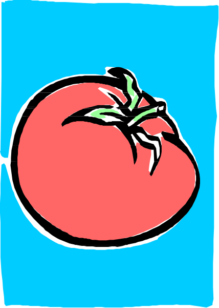 The image shows a cartoon tomato with green leaves on top of it against a blue background.
