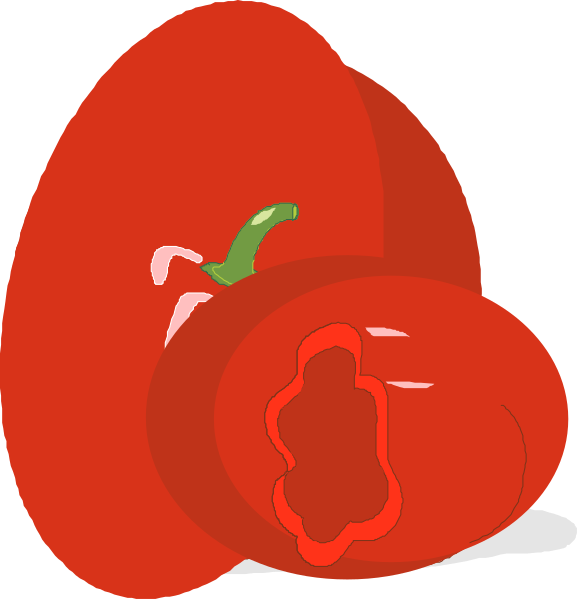 The image shows a red bell pepper with its top cut off to reveal seeds inside it on two separate panels: 1) A whole uncut bell pepper in one panel; 2) An open cross-section of an already sliced and seeded bell pepper showing the interior structure, including numerous small white seeds. There are no people or animals present in this image. The action depicted is a transformation from a closed to an opened state for the vegetable. No specific setting can be determined as there's only one object shown with two different states of being sliced open and revealing its contents