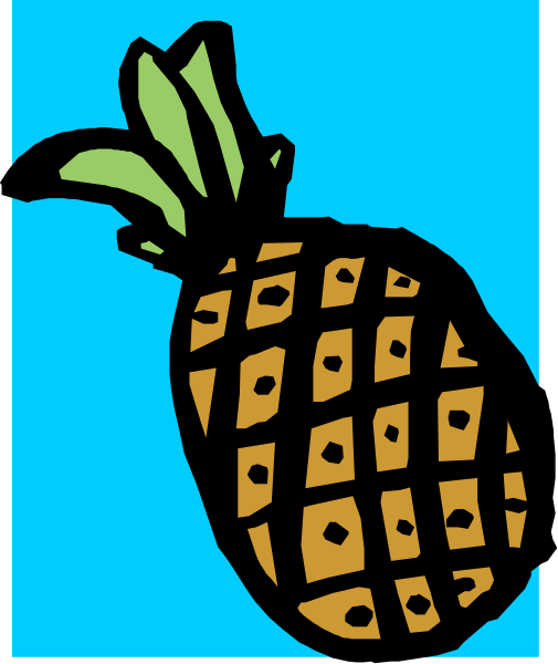The image shows a cartoon pineapple with green leaves on top of it against a blue background.