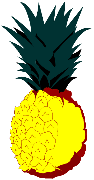 The image shows a pineapple with green leaves on top of it against a white background.