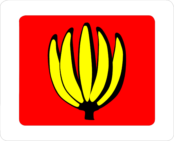 The image shows a red flag with white text on it that reads "BANGLADESH" at the top left corner of an orange rectangle containing three bananas in black silhouette against a yellow background, and below this is another smaller rectangular shape featuring two more banana images also outlined in black. To its right side there's a small graphic resembling a plant with green leaves on it within a red border at the bottom of an orange rectangle that has "BANGLADESH" written across it, and to the left is another smaller rectangular shape containing