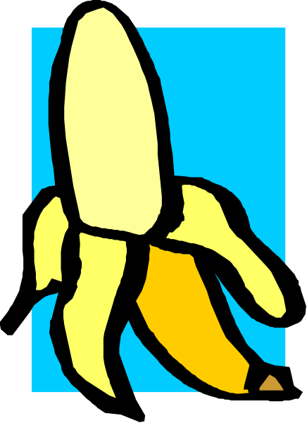 The image shows a cartoon banana with two yellow ends on top of each other against a blue background.