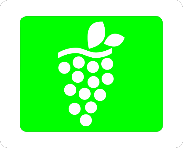 The image shows a green sign with an illustration of grapes on it next to another smaller square icon that appears to be related to wine tasting or vineyards due to its shape resembling a bottle and cork, set against a grey background in what seems like a digital interface displaying various icons. The style is simple and graphic with no text present within the image itself. There are also two small images of grapes on either side of this sign.