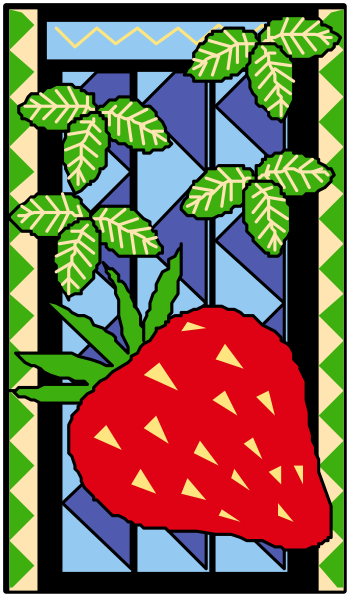 The picture shows a stained glass window with an illustration of strawberries on it inside what appears to be a frame.