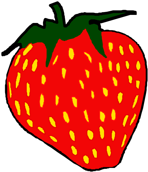 The image shows a red strawberry with green leaves on it against a black background.