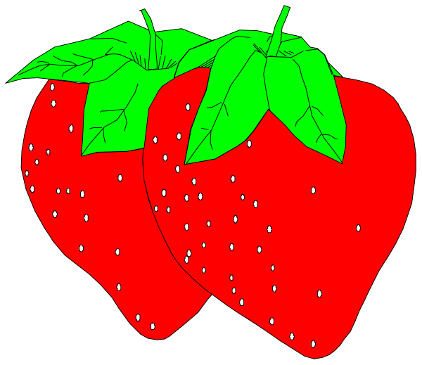 The image shows a cartoon of two strawberries with green leaves attached to them against a black background.