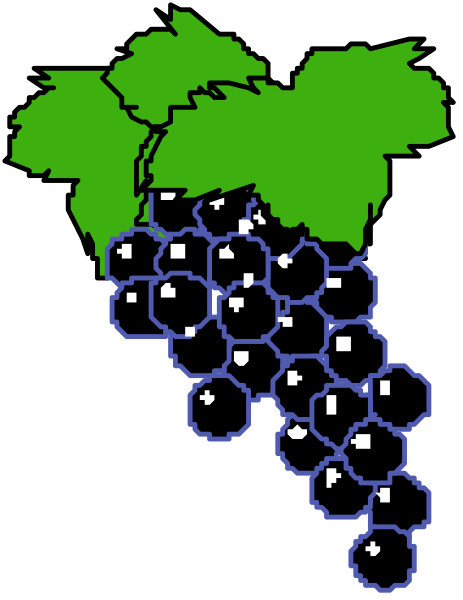The image shows a cartoon of grapes with green leaves on top hanging from what appears to be a vine against a dark background.