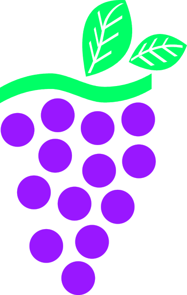 The image shows a purple grape bunch with green leaves on top of it against a black background.