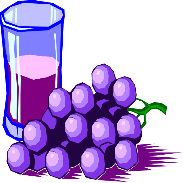 The image shows a cartoon depiction of two glasses filled with purple liquid next to bunches of grapes on what appears to be a tabletop surface in an indoor environment; there is no text present within this small clip-art illustration.