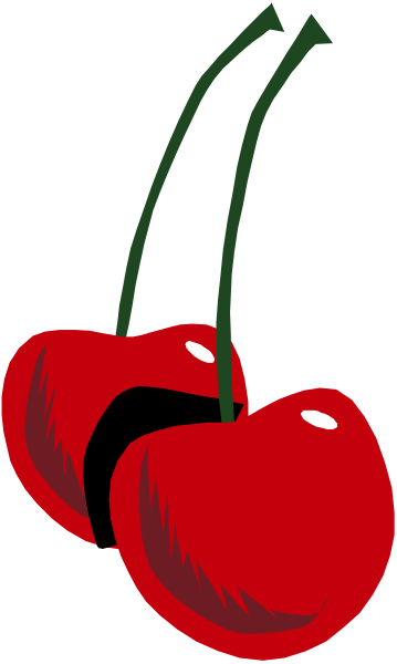 The image shows a cartoon of two red cherries with green stems against a white background.
