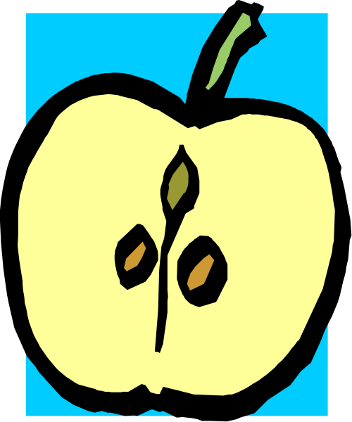 The image shows a cartoon apple with two leaves on top of it against a blue background.