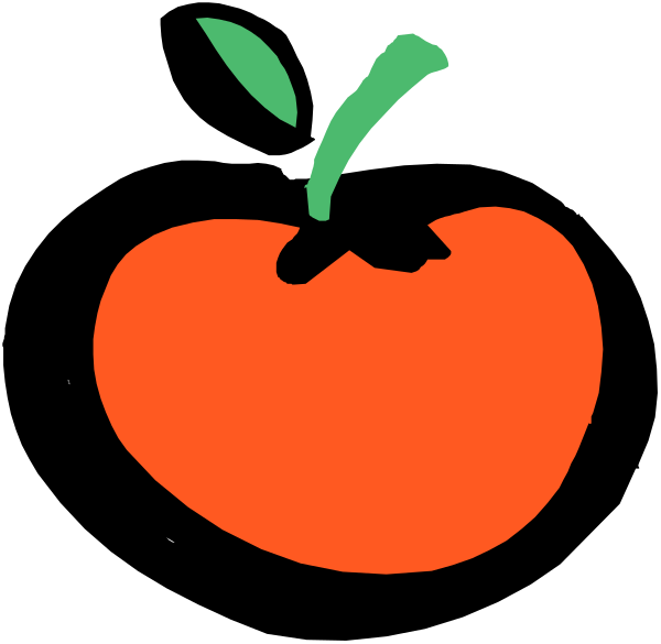 The image shows a simple line drawing of an apple with green leaves on top against a black background.