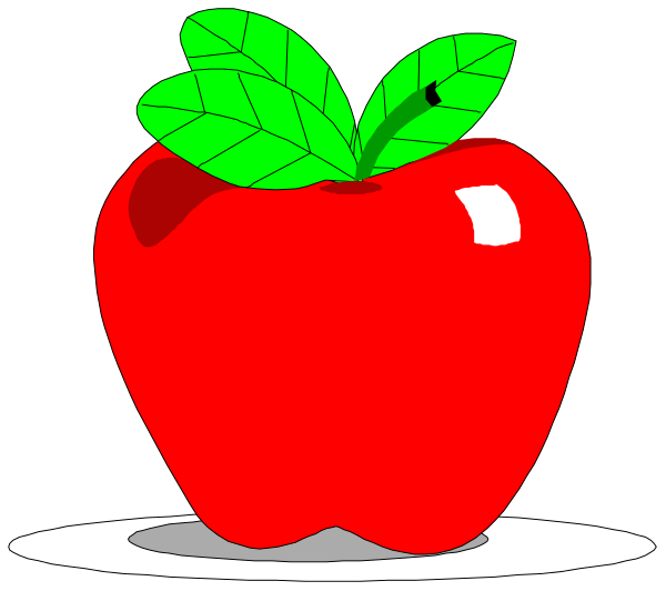 The image shows a cartoon apple with leaves on top sitting next to an illustration of another whole red apple that has been cut in half horizontally; there is also a small green leaf near one side, and two slices from this second apple appear as if floating above it against the black background.