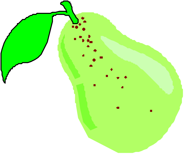 The image shows a cartoon depiction of an unripe green pear with several brown spots on it next to what appears to be a leafy stem at its top right corner against a black background.