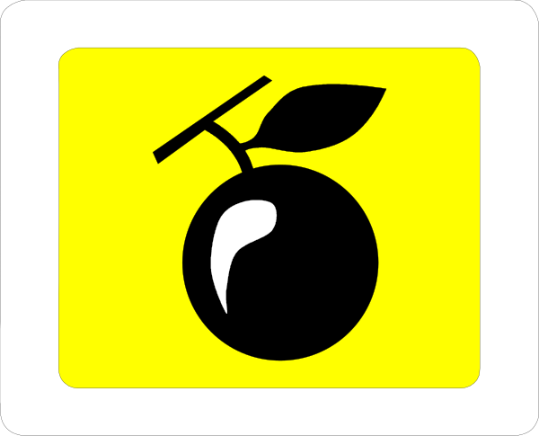 The image shows a graphic with an apple icon inside of it on top left corner against yellow background; below that is another smaller black square containing white text "Apple" in lowercase letters.