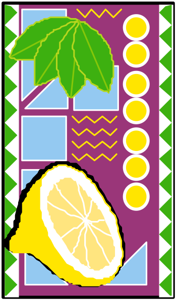 The image shows a colorful banner with various items on it: an orange slice at bottom left corner; slices of lemon in center right area; green leaves above lemons; blue squares framing border, and yellow fruit to top right side.