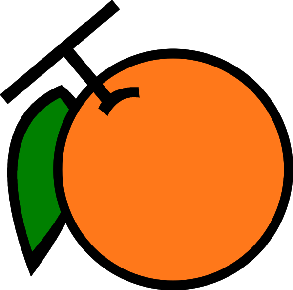 The image shows a stylized graphic of an orange with two green leaves on either side at its top edge.