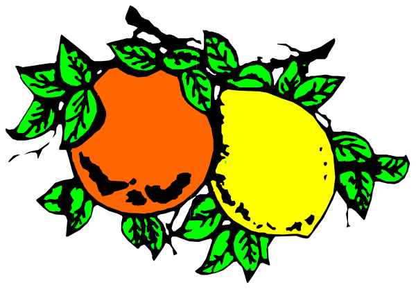 The black and white illustration shows a bunch of fruit with leaves on top against an orange background.