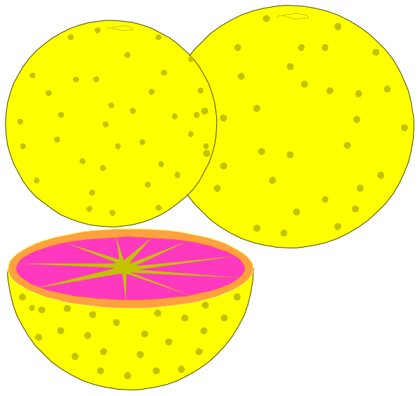 The image shows a slice of lemon with seeds on top next to two whole lemons that have been cut open revealing their pulp inside; there is no text present in this clip-art illustration.